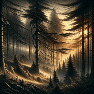 C:\Users\Наталочка\Desktop\DALL·E 2024-03-03 21.16.21 - An illustration inspired by Taras Shevchenko's poetry, capturing a serene and evocative landscape of a dense forest with a strong wind blowing through.png